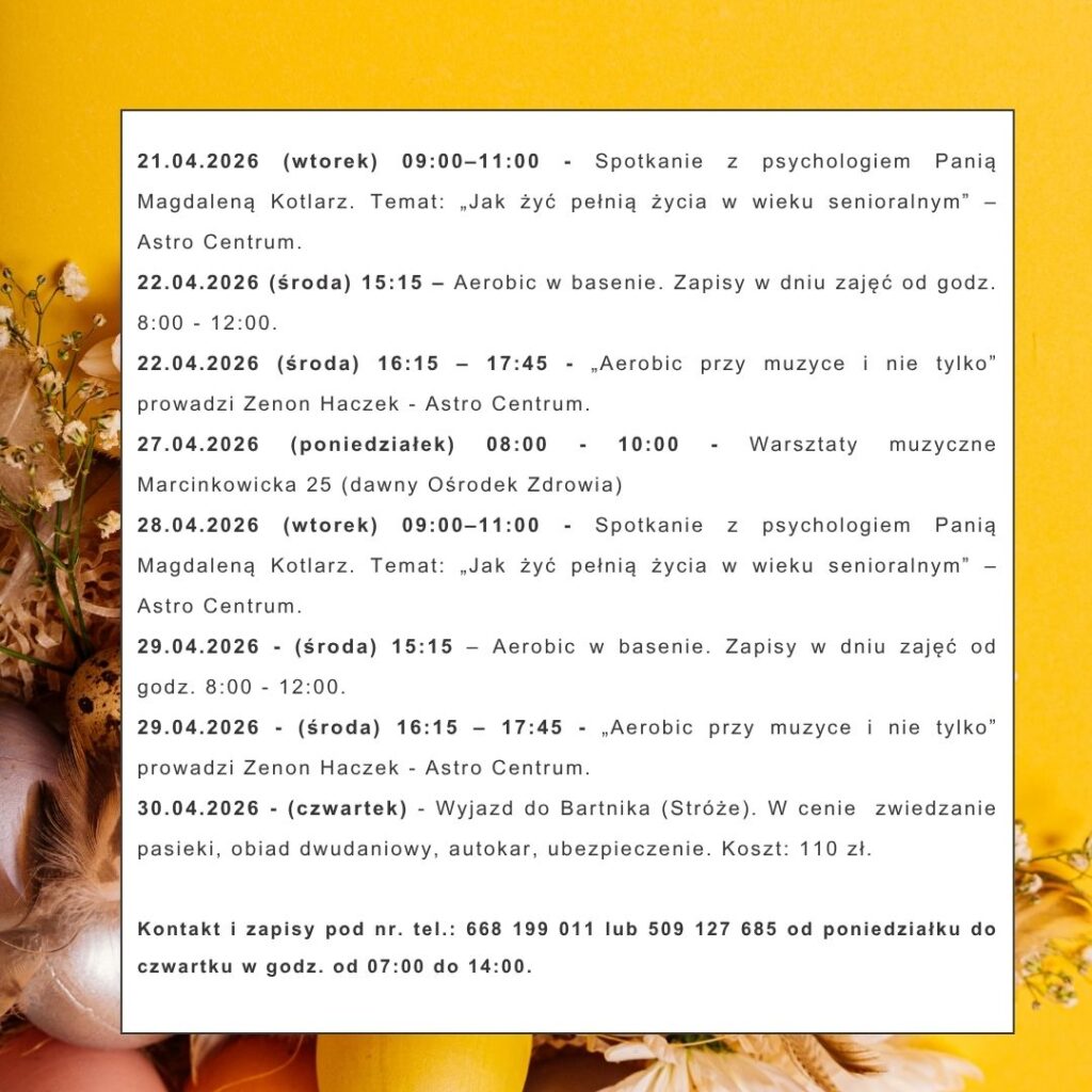 Seniorzy gmina Chełmiec – harmonogram zajęć kwiecień 2026