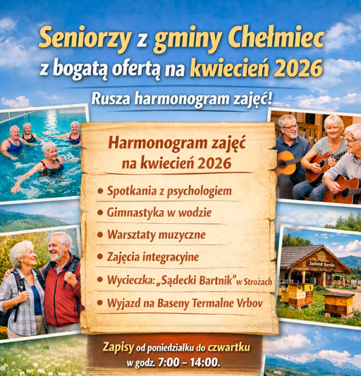 Harmonogram zajęć dla seniorów w gminie Chełmiec – kwiecień 2026