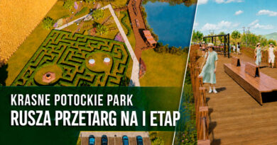 Wizualizacja Krasne Potockie Park z grabowym labiryntem, stawem, pomostem i ścieżkami rekreacyjnymi.