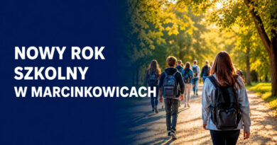 Uczniowie z plecakami idący alejką – nowy rok szkolny w Marcinkowicach.