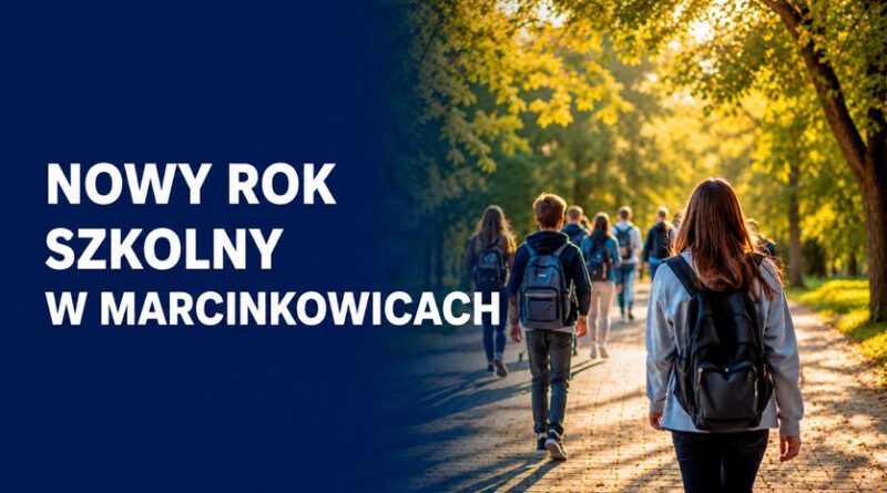 Uczniowie z plecakami idący alejką – nowy rok szkolny w Marcinkowicach.