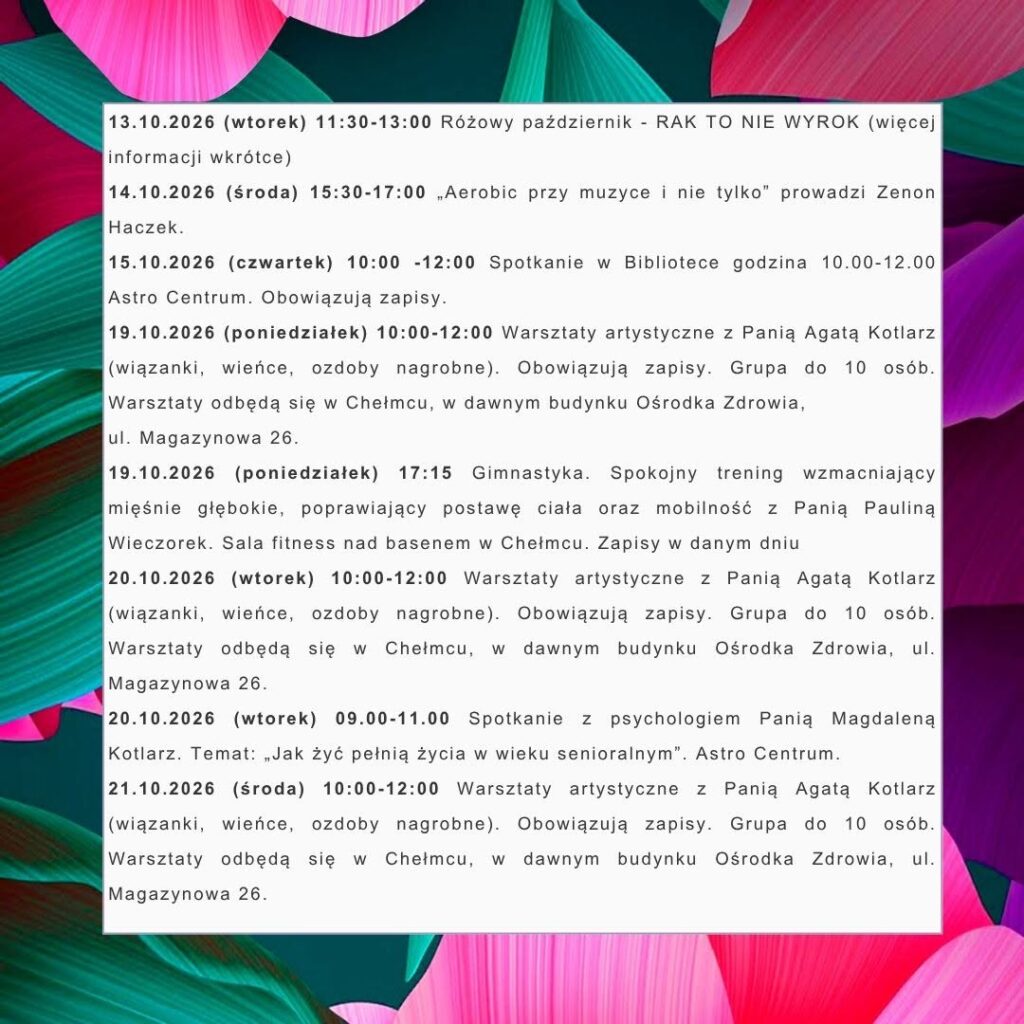 Październikowy harmonogram zajęć dla seniorów w gminie Chełmiec