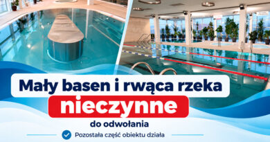 Komunikat o czasowym zamknięciu małego basenu i rwącej rzeki w Aqua Centrum Chełmiec. Pozostała część obiektu działa bez zmian.